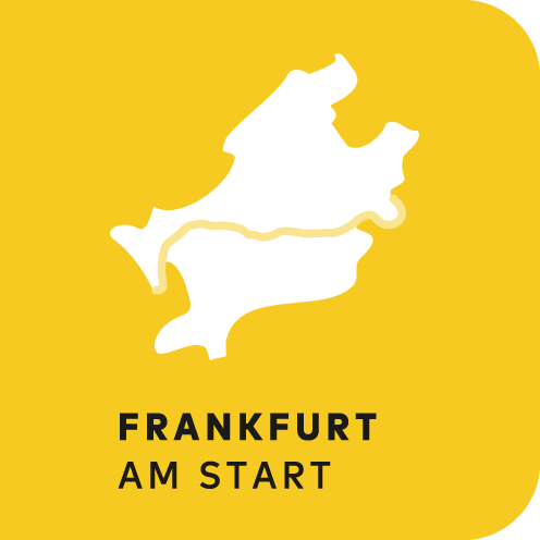 Das Logo von Frankfurt am Start, eine weiße Stadtkarte auf gelbem Hintergrund